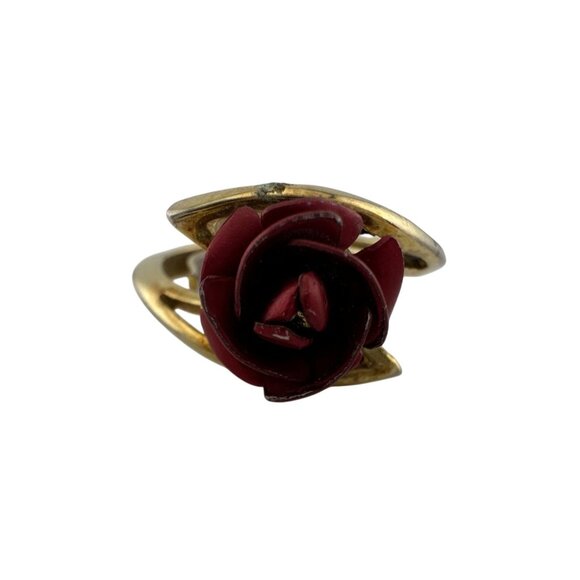 Women's Beautiful Gold Tone Red Rose Flower Ring - Picture 6 of 15